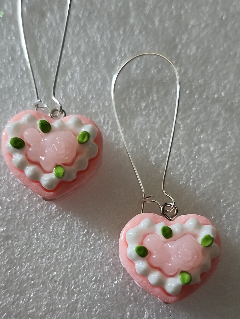 Hand Crafted Pink Heart Rose Drop Earrings with Green Leaf Accents